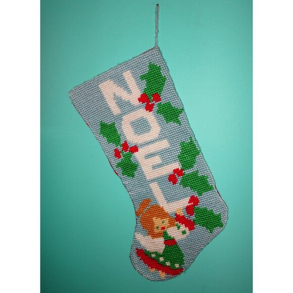 Vintage Handmade Needlepoint Noel Christmas Stocking holly hand crafted retro - Picture 3 of 6